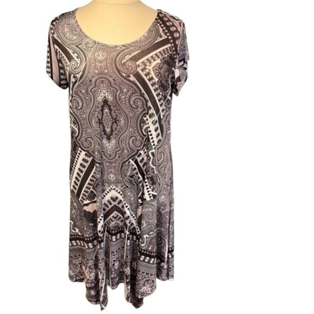 World Unity Black White Paisley Dress XL Short Sleeve Scoop Neck #116